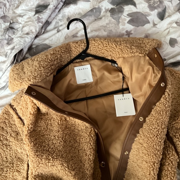 Sandro Leather-Trim Teddy Coat - Picture 3 of 5